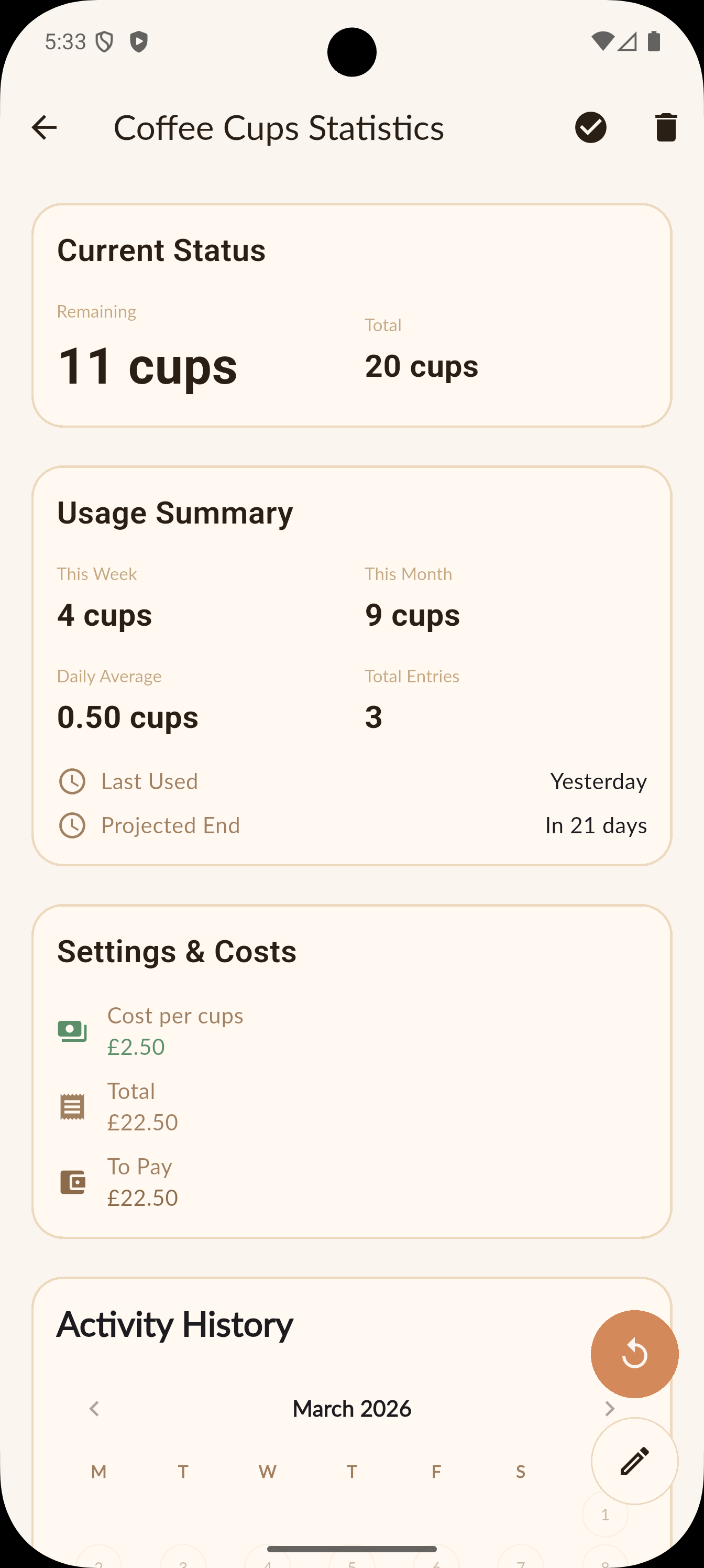 Tracker statistics and usage history
